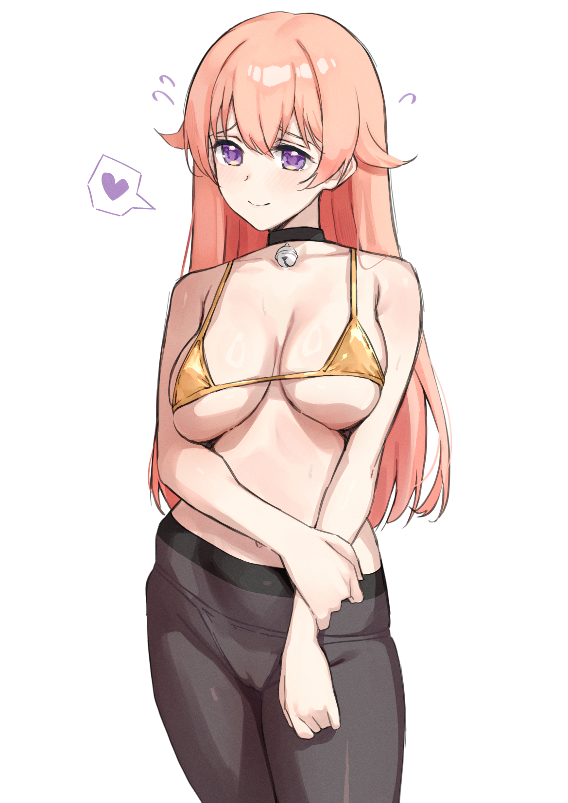 kangbus, wakatsuki niko, witch watch, commentary, english commentary, highres, 1girl, bare shoulders, bell, bikini, black choker, black pantyhose, blush, breasts, choker, closed mouth, collarbone, covered groin, flying sweatdrops, hair between eyes, hand on own arm, heart, jingle bell, large breasts, long hair, looking at viewer, navel, neck bell, pantyhose, pink hair, purple eyes, romaji commentary, simple background, smile, solo, spoken heart, swimsuit, thighs, white background, yellow bikini
