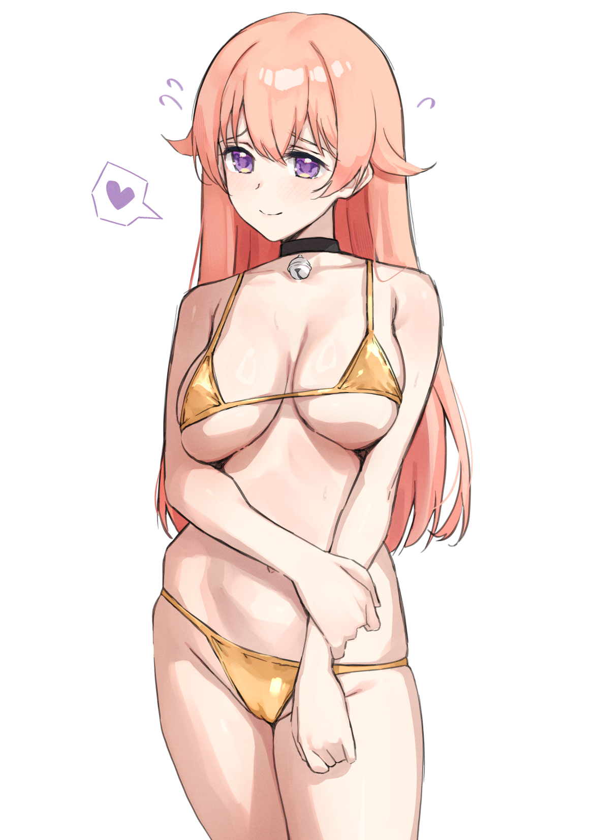 kangbus, wakatsuki niko, witch watch, commentary, english commentary, highres, 1girl, bare shoulders, bell, bikini, black choker, blush, breasts, choker, closed mouth, collarbone, flying sweatdrops, hair between eyes, hand on own arm, heart, jingle bell, large breasts, long hair, looking at viewer, navel, neck bell, pink hair, purple eyes, romaji commentary, simple background, smile, solo, spoken heart, swimsuit, thighs, white background, yellow bikini