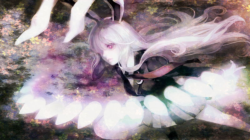 hiroko (artist), hiroko (keshika), nakako, reisen udongein inaba, touhou, light purple hair, 1girl, animal ears, blazer, brooch, crescent moon, danmaku, female focus, floating hair, flower, hair over one eye, jacket, jewelry, lips, long hair, moon, pale color, pale skin, pink eyes, rabbit ears, skirt, solo