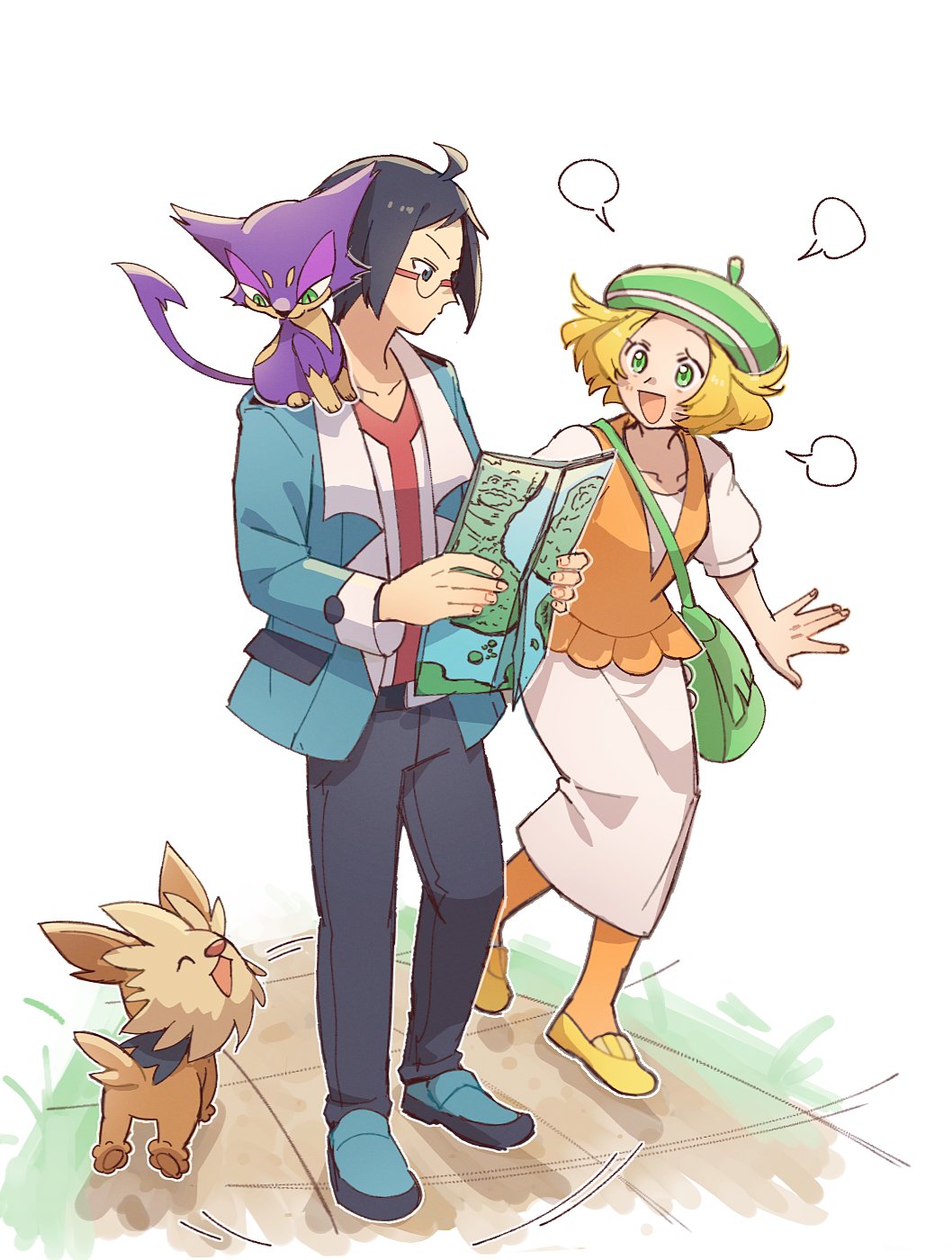 miiyokoe, bianca (pokemon), cheren (pokemon), lillipup, purrloin, nintendo, pokemon, pokemon bw, commentary, english commentary, highres, 1boy, 1girl, :d, ahoge, bag, beret, black hair, dress, gen 5 pokemon, glasses, green bag, green eyes, green hat, hat, holding, holding map, jacket, map, on shoulder, open clothes, open jacket, open mouth, orange pantyhose, orange vest, pants, pantyhose, pokemon (creature), pokemon on shoulder, shirt, shoes, short hair, short sleeves, shoulder bag, smile, standing, vest, white dress, yellow shoes