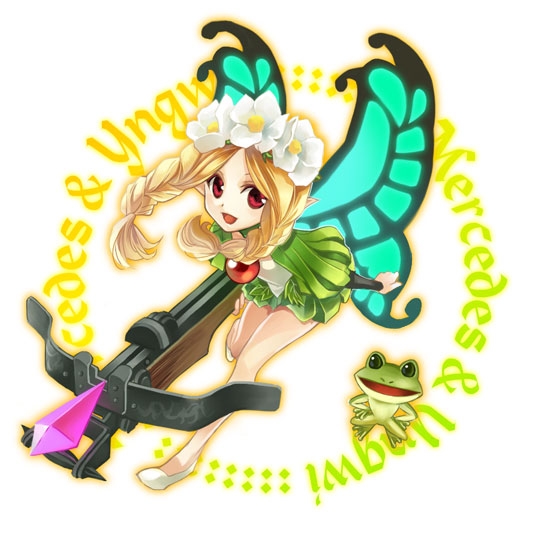 shinomna, mercedes (odin sphere), odin sphere, bad id, bad pixiv id, 1girl, bow (weapon), braid, butterfly wings, crossbow, fairy, female focus, flower, frog, hair flower, hair ornament, head wreath, insect wings, puff and slash sleeves, puffy sleeves, red eyes, solo, twin braids, weapon, wings