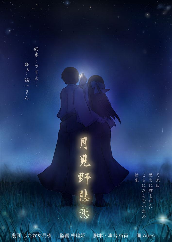 ragnarok online, 1boy, 1girl, aries end, bow, brown hair, from behind, full body, grass, hair bow, hetero, holding hands, long hair, long sleeves, night, night sky, outdoors, poster (medium), short hair, sky, standing, star (sky), starry sky
