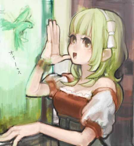 haruo (clownberry), original, lowres, 1girl, bird, female focus, green bird, hairband, solo