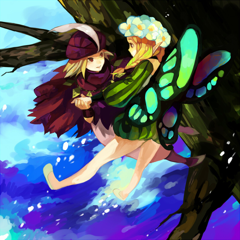 kawwa, ingway (odin sphere), mercedes (odin sphere), odin sphere, white footwear, bad id, bad pixiv id, 1boy, 1girl, blonde hair, braid, butterfly wings, fairy, flower, flying, hat, hat feather, hetero, holding hands, insect wings, pointy ears, puff and slash sleeves, puffy shorts, puffy sleeves, shorts, twin braids, wings