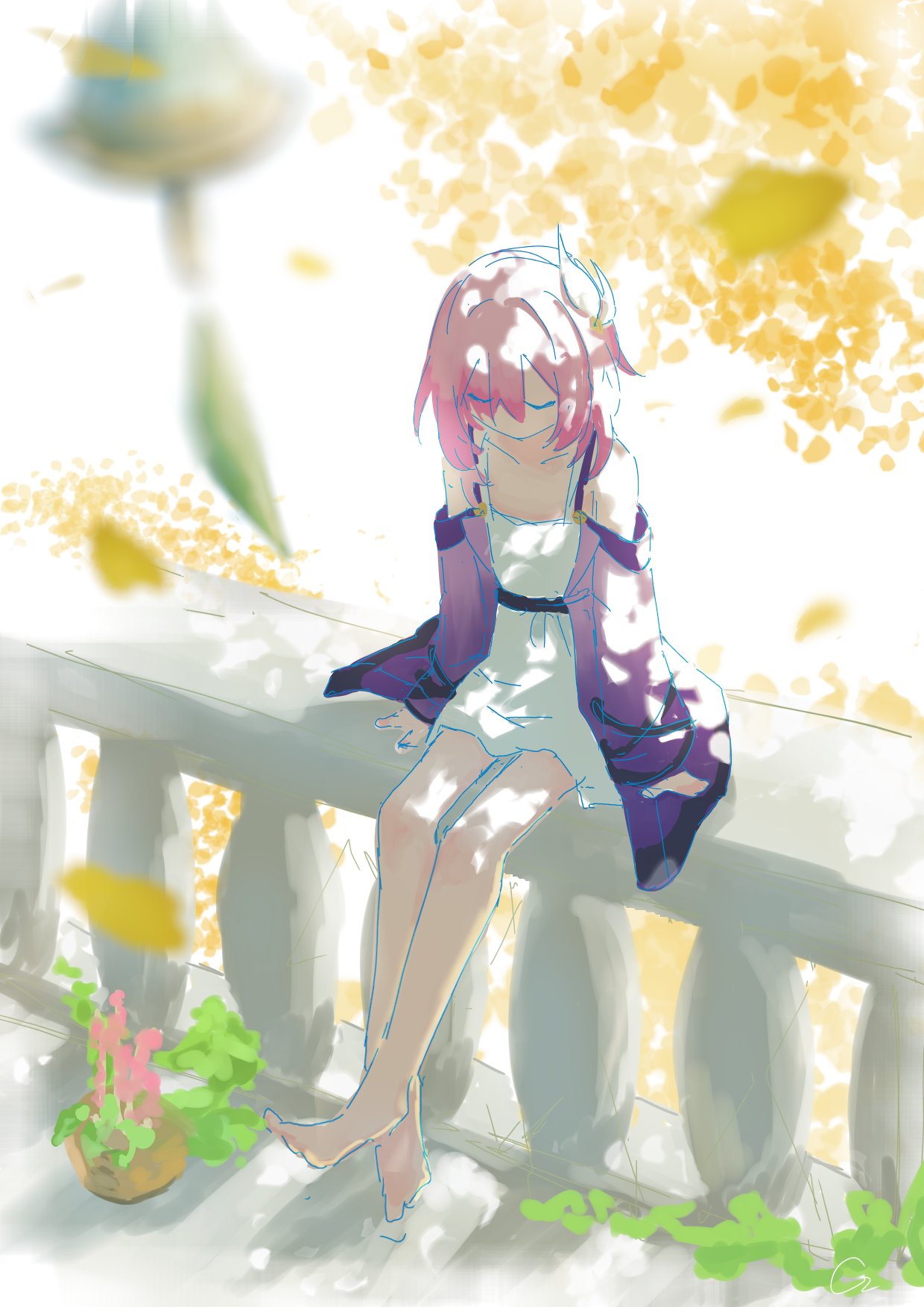 cyrene (honkai: star rail), honkai: star rail, honkai (series), commentary request, highres, 1girl, bare shoulders, barefoot, breasts, c2 2825, coat, dress, falling leaves, feet, hair ornament, leaf, pink hair, purple coat, short hair, sitting, small breasts, solo, toes, white dress