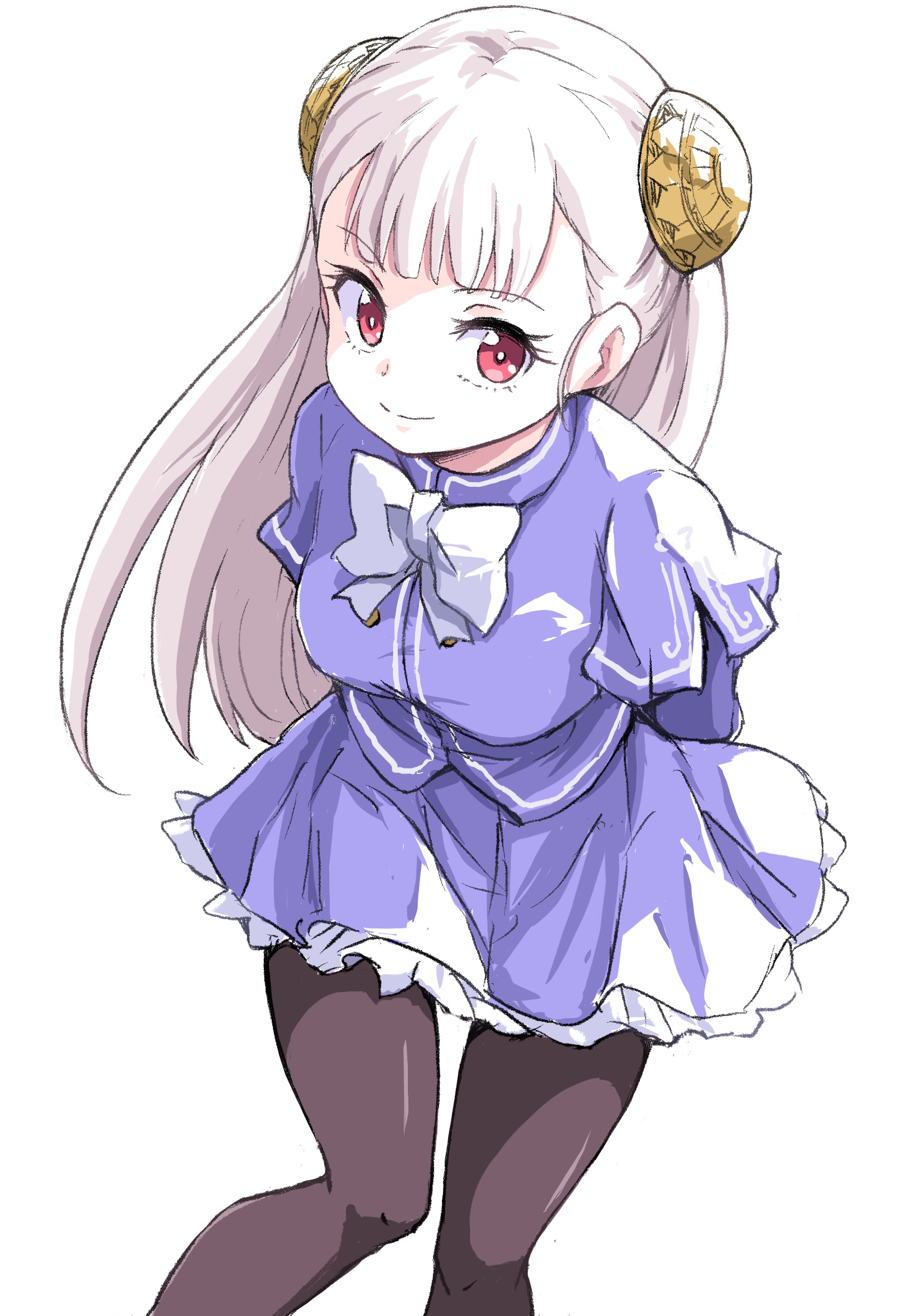 ikaringo (ikaringo4444), ingrid (capcom), capcom fighting jam, highres, 1girl, black pantyhose, breasts, dress, frilled dress, frills, hairpods, looking at viewer, pantyhose, purple dress, red eyes, simple background, smile, solo, white background, white hair
