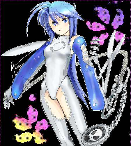 yagisaka seto, original, lowres, 1girl, blue hair, female focus, knife, oekaki, personification, solo