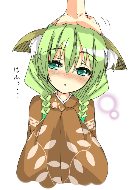 shingetsu takehito, saitou kon, original, 1girl, animal ears, aqua eyes, blush, braid, fox ears, hand on another's head, headpat, japanese clothes, kimono, solo focus, twin braids