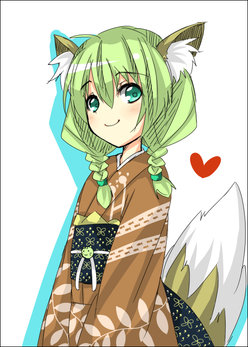 shingetsu takehito, saitou kon, original, 1girl, animal ear fluff, animal ears, aqua eyes, braid, female focus, fox ears, fox tail, hair over shoulder, heart, japanese clothes, kimono, solo, tail, twin braids
