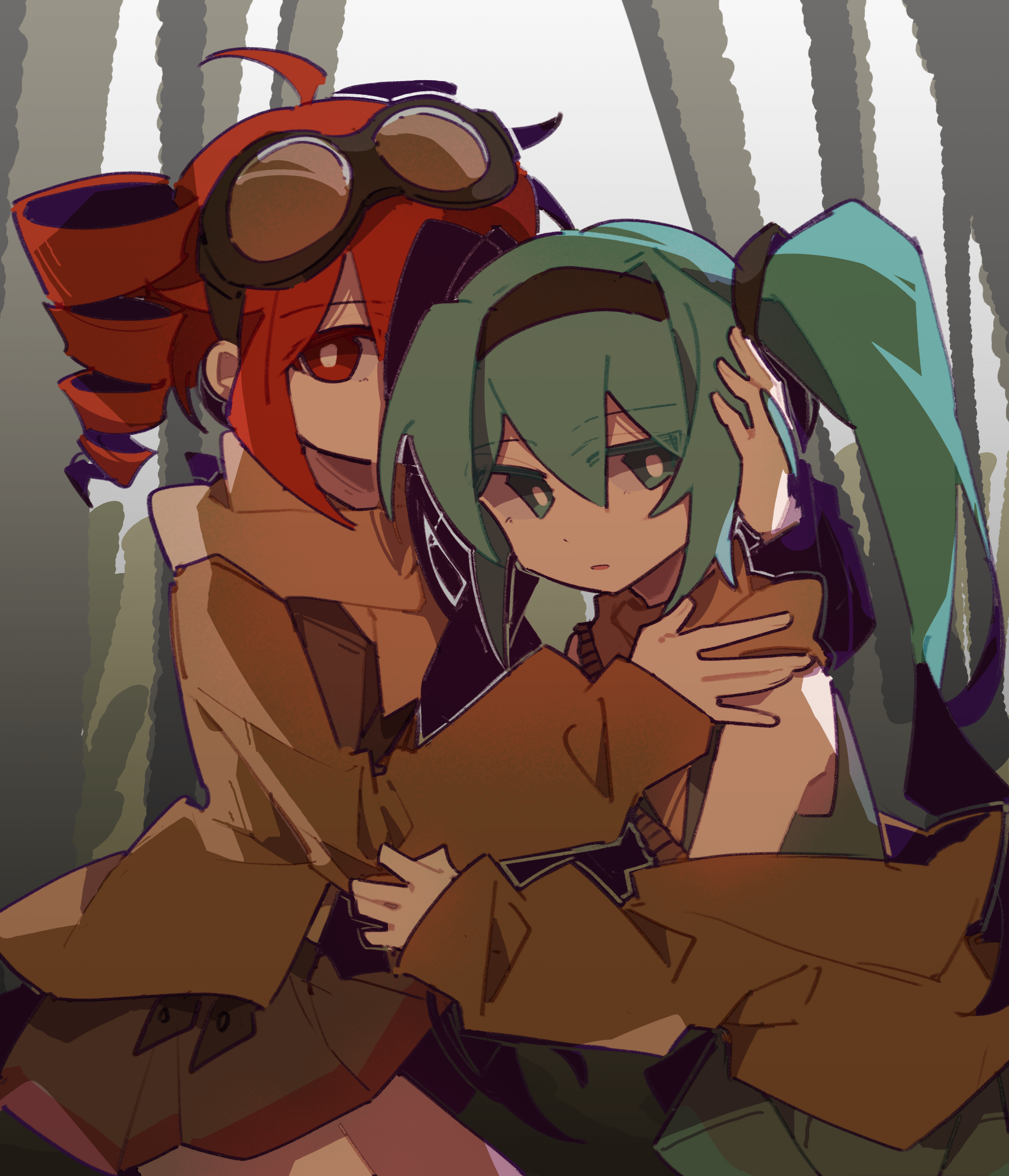 jiu (jiu076), hatsune miku, kasane teto, synthesizer v, utau, vocaloid, highres, 2girls, ahoge, aqua eyes, aqua hair, bright pupils, brown jacket, brown skirt, dress, drill hair, goggles, goggles on head, hairband, hand on another's head, jacket, little boy (sato chinamini), long hair, looking at viewer, multiple girls, off shoulder, outdoors, parted lips, red eyes, red hair, scarf, short hair, sidelocks, skirt, sleeveless, sleeveless dress, twin drills, twintails, upper body, white pupils