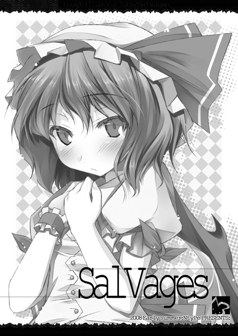 mizoguchi keiji, remilia scarlet, touhou, 1girl, female focus, greyscale, hat, monochrome, short hair, solo, upper body, white background, wristband