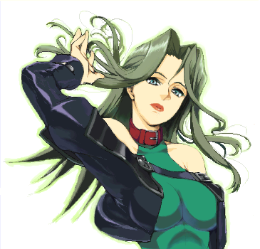 circumflex (noduti), lamia loveless, banpresto, super robot wars, lowres, 1girl, blonde hair, breasts, choker, female focus, green eyes, large breasts, lipstick, long hair, makeup, oekaki, solo