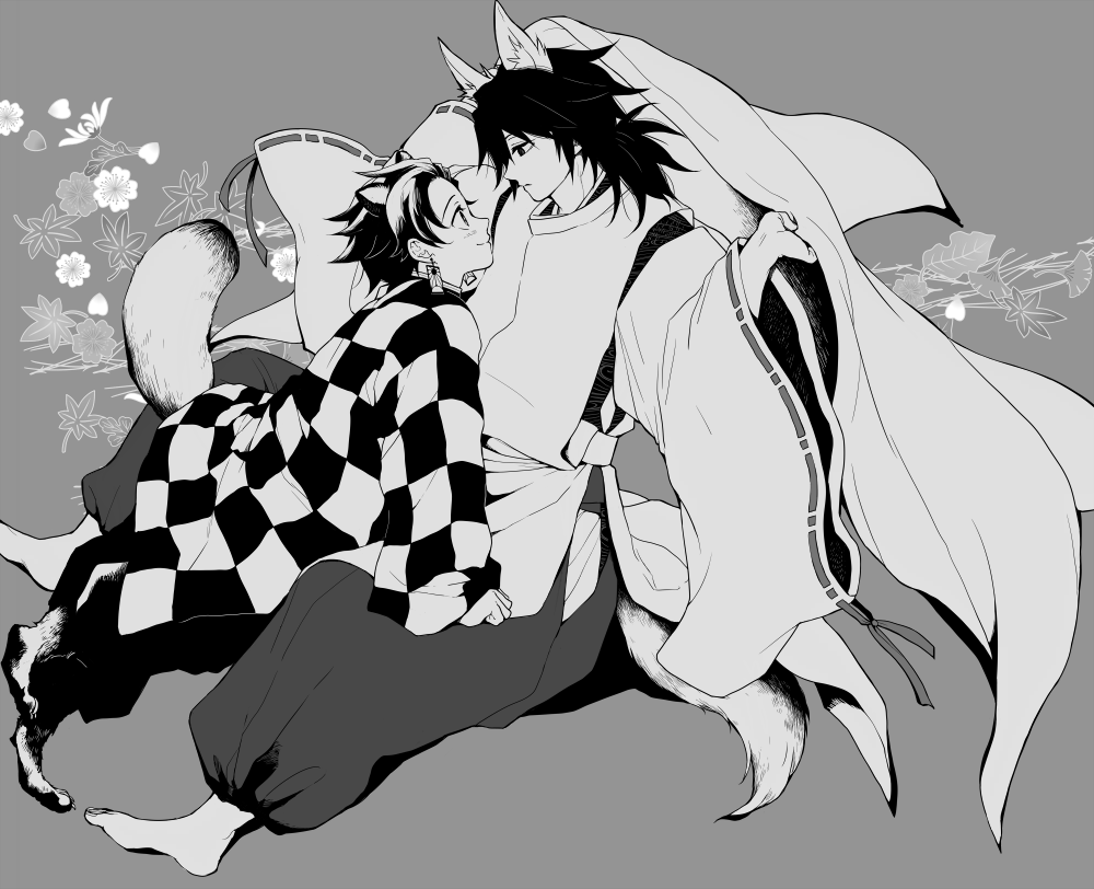 sinba (ying-hua), kamado tanjirou, tomioka giyuu, kimetsu no yaiba, 2boys, alternate costume, animal ears, barefoot, black hair, checkered haori, closed mouth, earrings, empty eyes, full body, grey background, greyscale, hair between eyes, hakama, hanafuda earrings, haori, japanese clothes, jewelry, long hair, male focus, monochrome, multiple boys, profile, short hair, smile, tail, wide sleeves