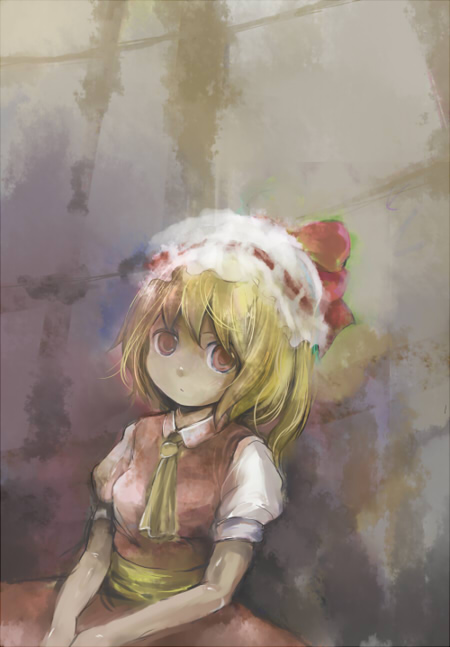mathnote, flandre scarlet, touhou, 1girl, blonde hair, female focus, hat, mob cap, red eyes, sitting, solo