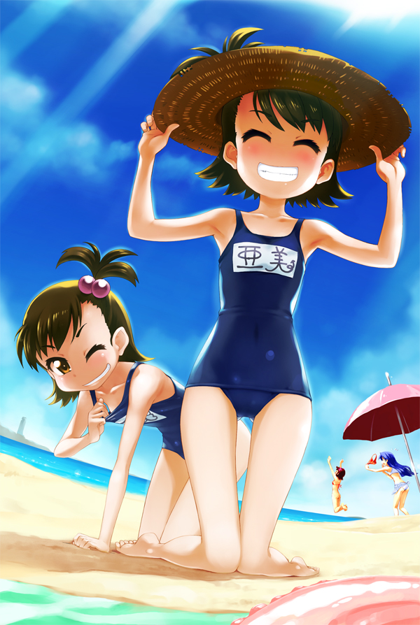 nanakorobi, futami ami, futami mami, idolmaster, barefoot, beach, bottomless, feet, hair bobbles, hair ornament, hat, one-piece swimsuit, parasol, school swimsuit, straw hat, swimsuit, umbrella, wink