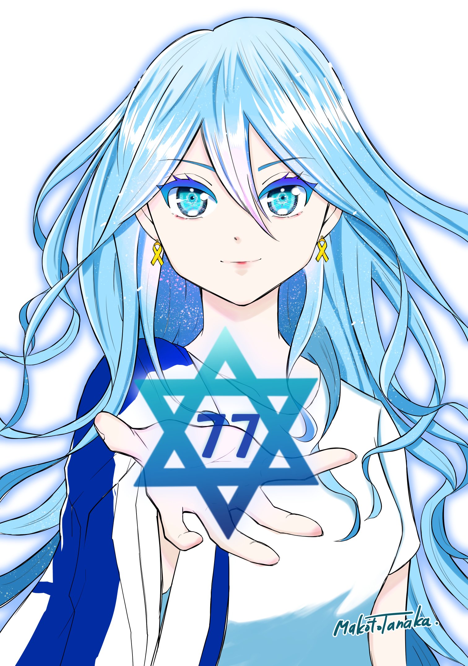 tanaka makoto, original, commentary, english commentary, highres, 1girl, arm at side, artist name, blue eyes, blue hair, blue outline, breasts, closed mouth, colored eyelashes, double-parted bangs, earrings, flag, hair behind ear, hair between eyes, hair over shoulder, hand up, hexagram, israeli flag, jewelry, long hair, looking at viewer, medium breasts, outline, pale skin, pink lips, reaching, reaching towards viewer, ribbon earrings, shirt, short sleeves, simple background, smile, solo, star of david, straight-on, t-shirt, upper body, very long hair, white background, white shirt