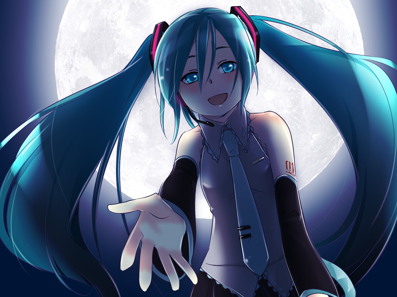 caffein, hatsune miku, vocaloid, aqua eyes, aqua hair, detached sleeves, moon, necktie, solo, twintails