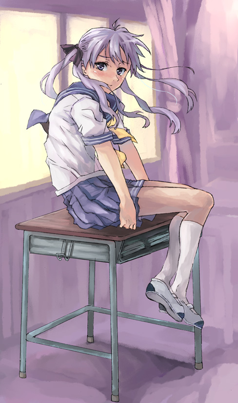 kno1, hiiragi kagami, lucky star, 00s, 1girl, blush, desk, female focus, hair ribbon, kneehighs, long hair, pleated skirt, purple eyes, purple hair, ribbon, school uniform, serafuku, sitting, skirt, socks, solo, tsurime, twintails, white socks, wind