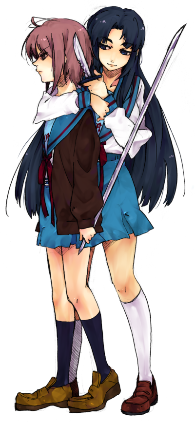 tashimo, asakura ryoko, nagato yuki, suzumiya haruhi no yuuutsu, 00s, blue hair, cardigan, knife, long hair, purple hair, school uniform, serafuku, short hair, sword, weapon