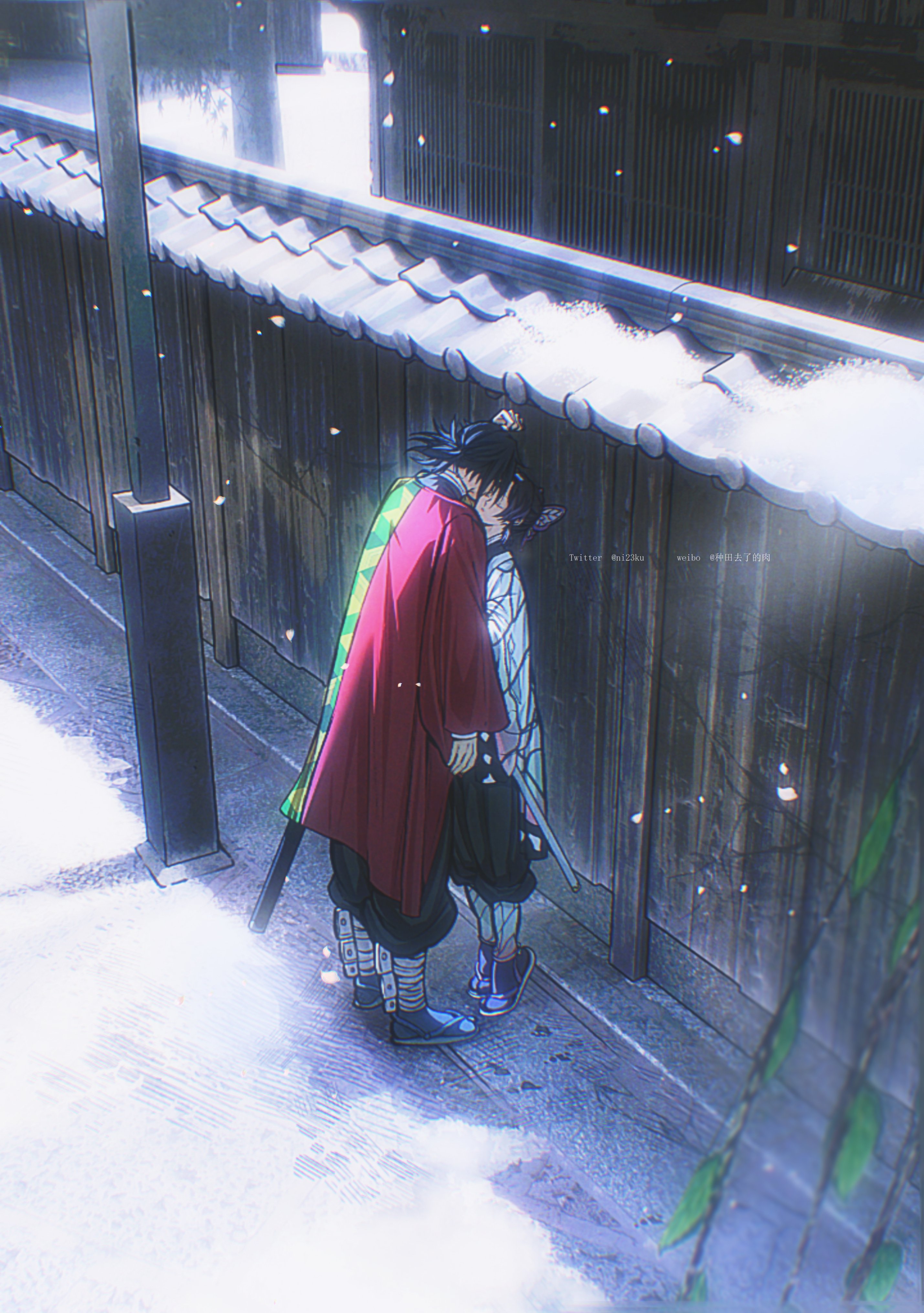 niku (ni23ku), kochou shinobu, tomioka giyuu, kimetsu no yaiba, absurdres, commentary request, highres, 1boy, 1girl, black hair, building, couple, demon slayer uniform, from above, full body, haori, height difference, hetero, imminent kiss, japanese clothes, long sleeves, low ponytail, medium hair, outdoors, petals, ponytail, print haori, red haori, sandals, scabbard, sheath, sidelighting, tiptoes, twitter username, utility pole, weibo username