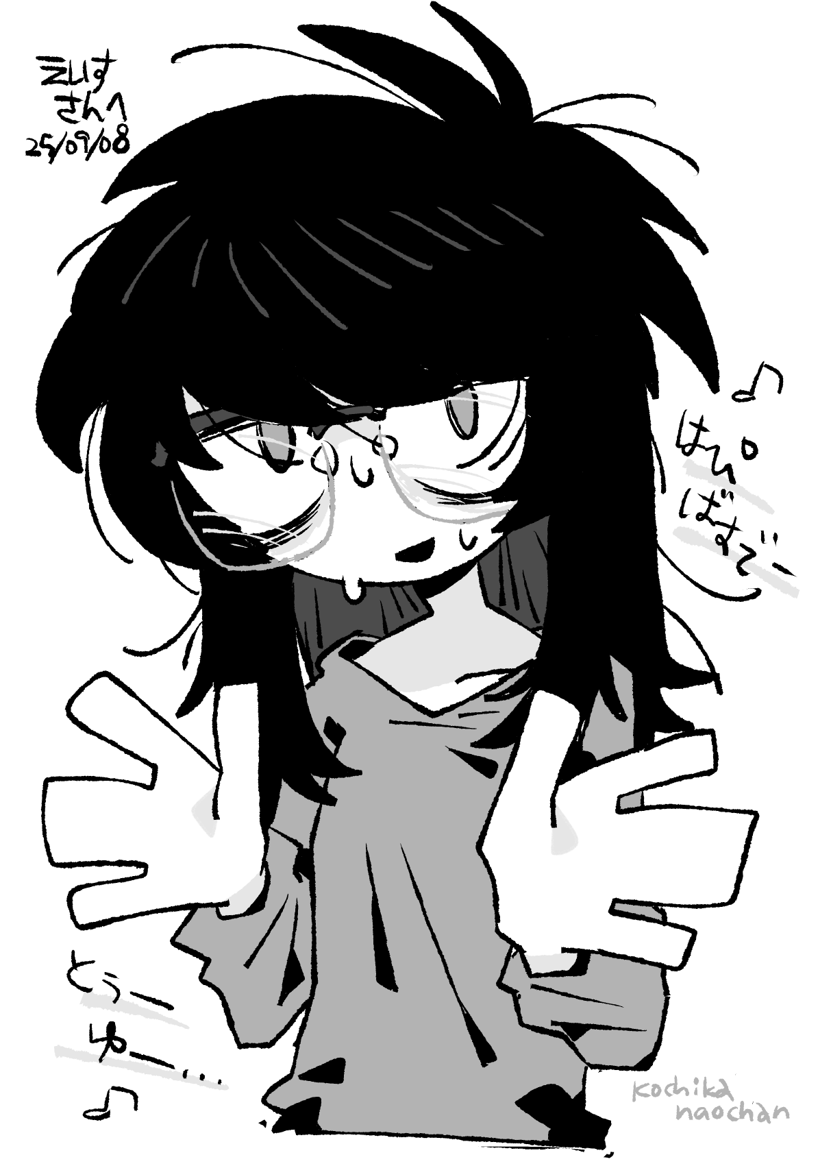 tsukigime sabuko, original, highres, 1girl, bags under eyes, borrowed character, glasses, greyscale, happy birthday, jimiko, kochikanaochan, long hair, messy hair, monochrome, simple background, sweat, white background