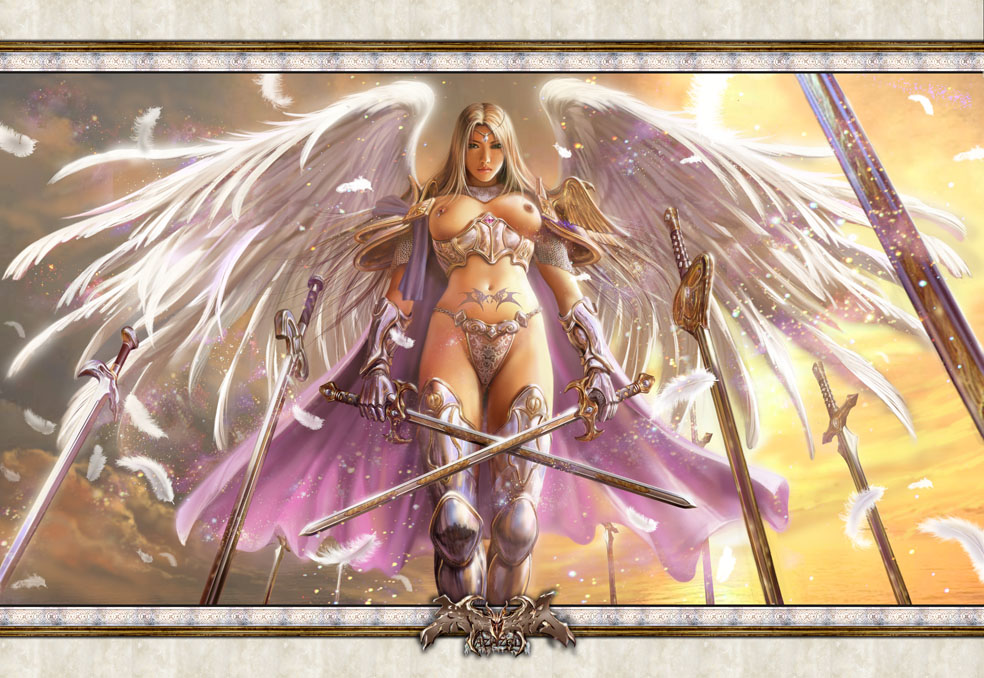 azazel1944, angel wings, armor, blonde hair, boots, breasts, cape, feathers, long hair, nipple piercing, nipple rings, nipples, no bra, piercing, realistic, tattoo, thigh boots, thighhighs, weapon, wings