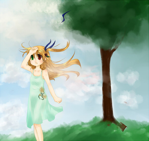 vivio, lyrical nanoha, mahou shoujo lyrical nanoha, mahou shoujo lyrical nanoha strikers, 00s, dress, heterochromia, tree