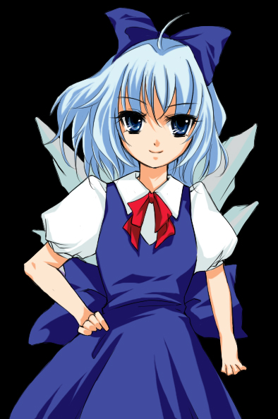 atoshi, cirno, embodiment of scarlet devil, touhou, bad id, bad pixiv id, 1girl, ahoge, blue eyes, blue hair, bow, female focus, hair bow, hand on own hip, matching hair/eyes, ribbon, short hair, smile, solo, wings