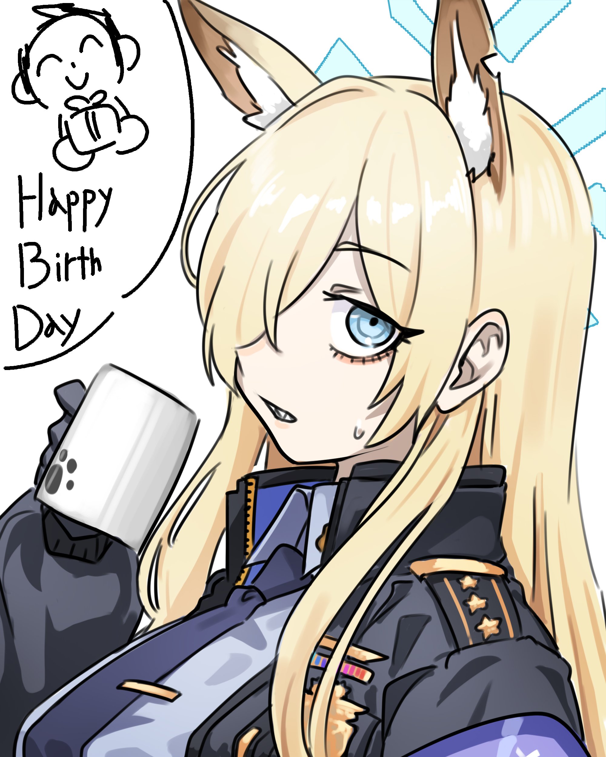 neophyte, kanna (blue archive), blue archive, absurdres, highres, 1girl, animal ear fluff, animal ears, blonde hair, blue eyes, blue halo, blue necktie, breasts, collared shirt, dog ears, dog girl, hair over one eye, halo, happy birthday, jacket, large breasts, long hair, long sleeves, necktie, sharp teeth, shirt, teeth, tie clip