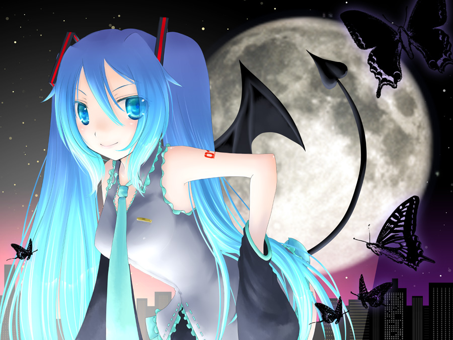minyo, hatsune miku, vocaloid, bat wings, blue eyes, blue hair, bug, butterfly, demon tail, insect, moon, necktie, solo, tail, wings