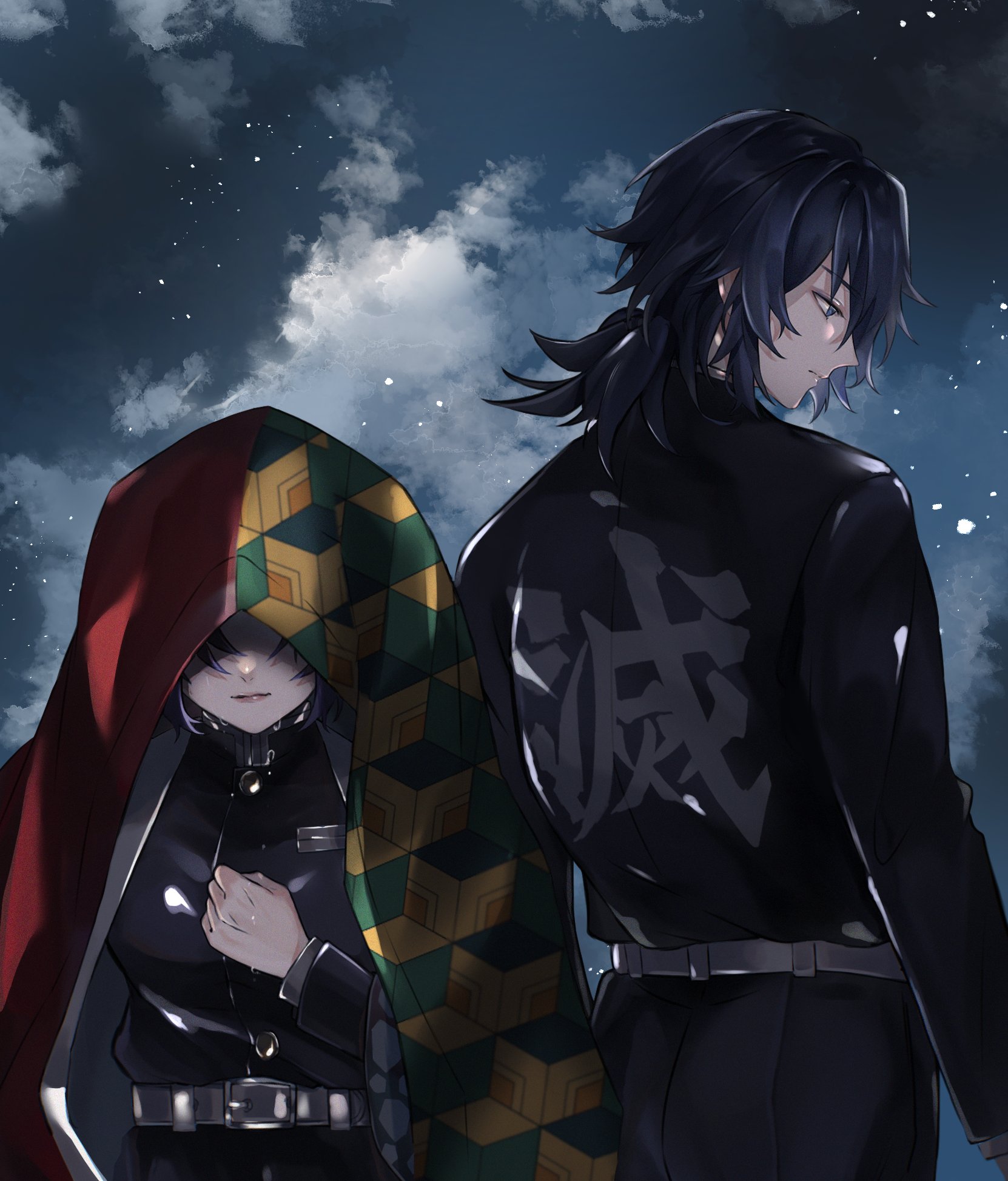 kochou shinobu, tomioka giyuu, kimetsu no yaiba, highres, 1boy, 1girl, belt, black hair, black jacket, black pants, blue eyes, breasts, buttons, demon slayer uniform, from behind, haori, jacket, japanese clothes, kikkoumon, low ponytail, outdoors, pants, ponytail, print haori, profile, spiked hair, torisa n00, white belt