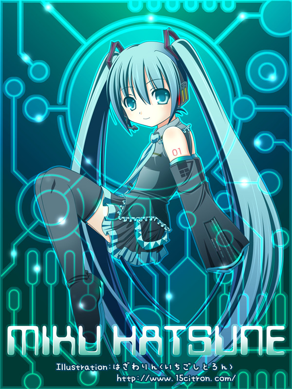 15citron, hatsune miku, vocaloid, aqua eyes, aqua hair, boots, detached sleeves, long hair, solo, thigh boots, thighhighs, twintails