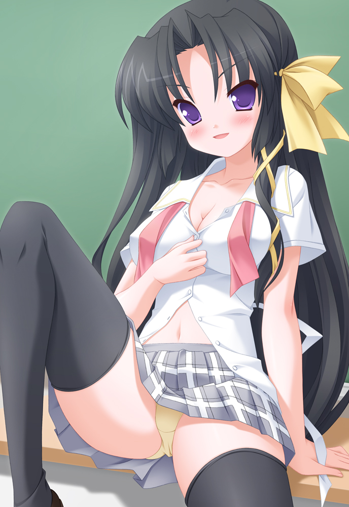 hisane, kurugaya yuiko, little busters!, 1girl, black hair, black thighhighs, breasts, cleavage, female focus, large breasts, leg lift, long hair, panties, purple eyes, ribbon, sitting, solo, thighhighs, underwear, undressing, yellow panties