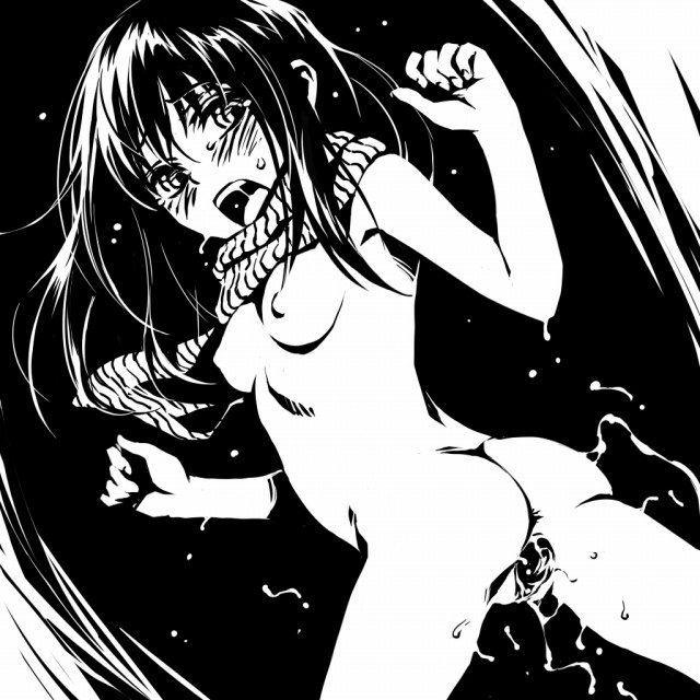 mosha, yuki onna (nurarihyon no mago), nurarihyon no mago, 1girl, breasts, female focus, greyscale, high contrast, monochrome, naked scarf, nipples, nude, petite, pussy, ringed eyes, scarf, solo, uncensored, yuki onna