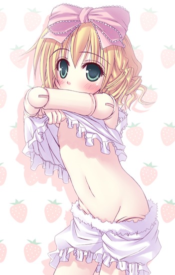 kago no tori, hinaichigo, rozen maiden, 00s, 1girl, blonde hair, bloomers, bow, doll joints, female focus, flat chest, green eyes, groin, hair ribbon, joints, loli, nipples, pink bow, ribbon, solo, underwear, undressing, white bloomers