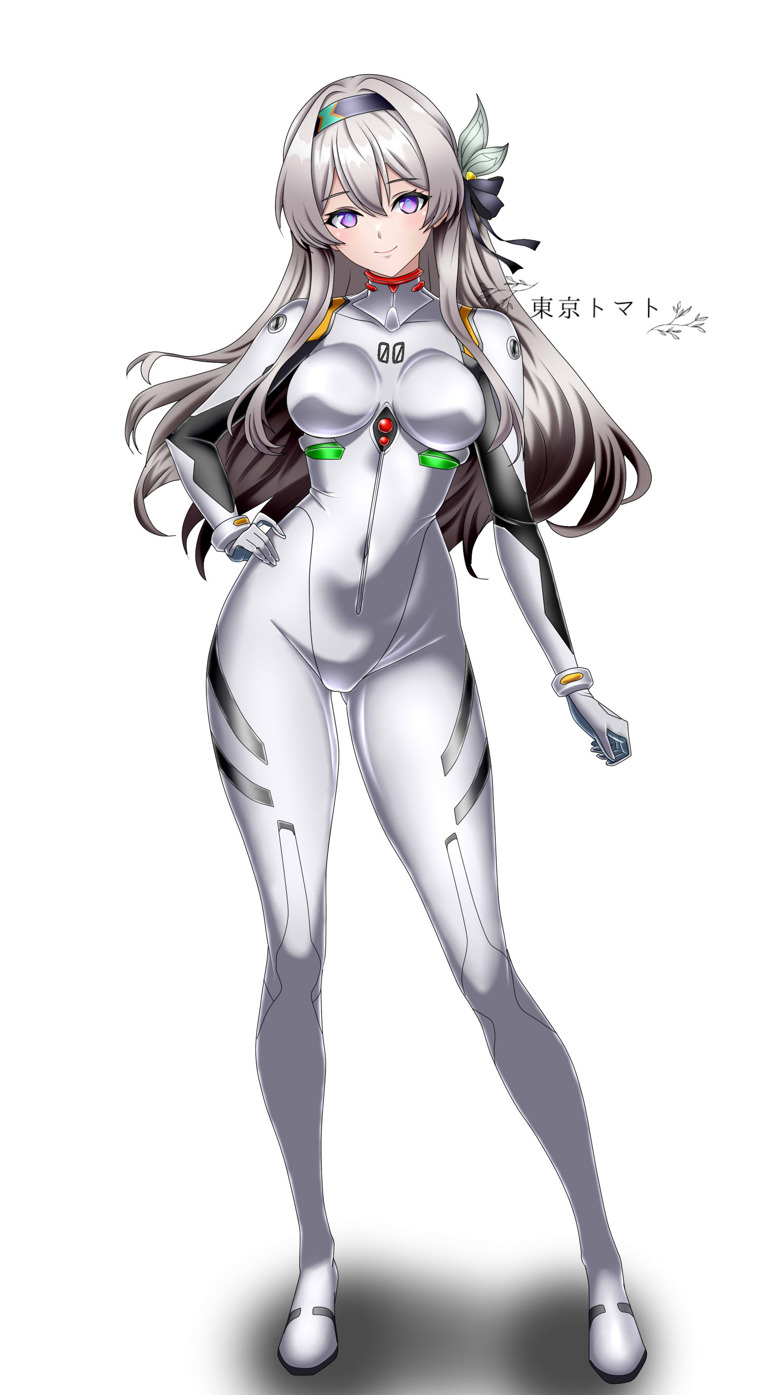 cyborg-institute, ayanami rei, firefly (honkai: star rail), honkai: star rail, honkai (series), neon genesis evangelion, absurdres, commentary request, commission, highres, paid reward available, skeb commission, 1girl, ayanami rei (cosplay), black hairband, blue pupils, bodysuit, breasts, closed mouth, cosplay, full body, grey hair, hair between eyes, hairband, hand on own hip, impossible bodysuit, impossible clothes, large breasts, long hair, looking at viewer, mecha pilot suit, plugsuit (evangelion), purple eyes, simple background, smile, solo, white background