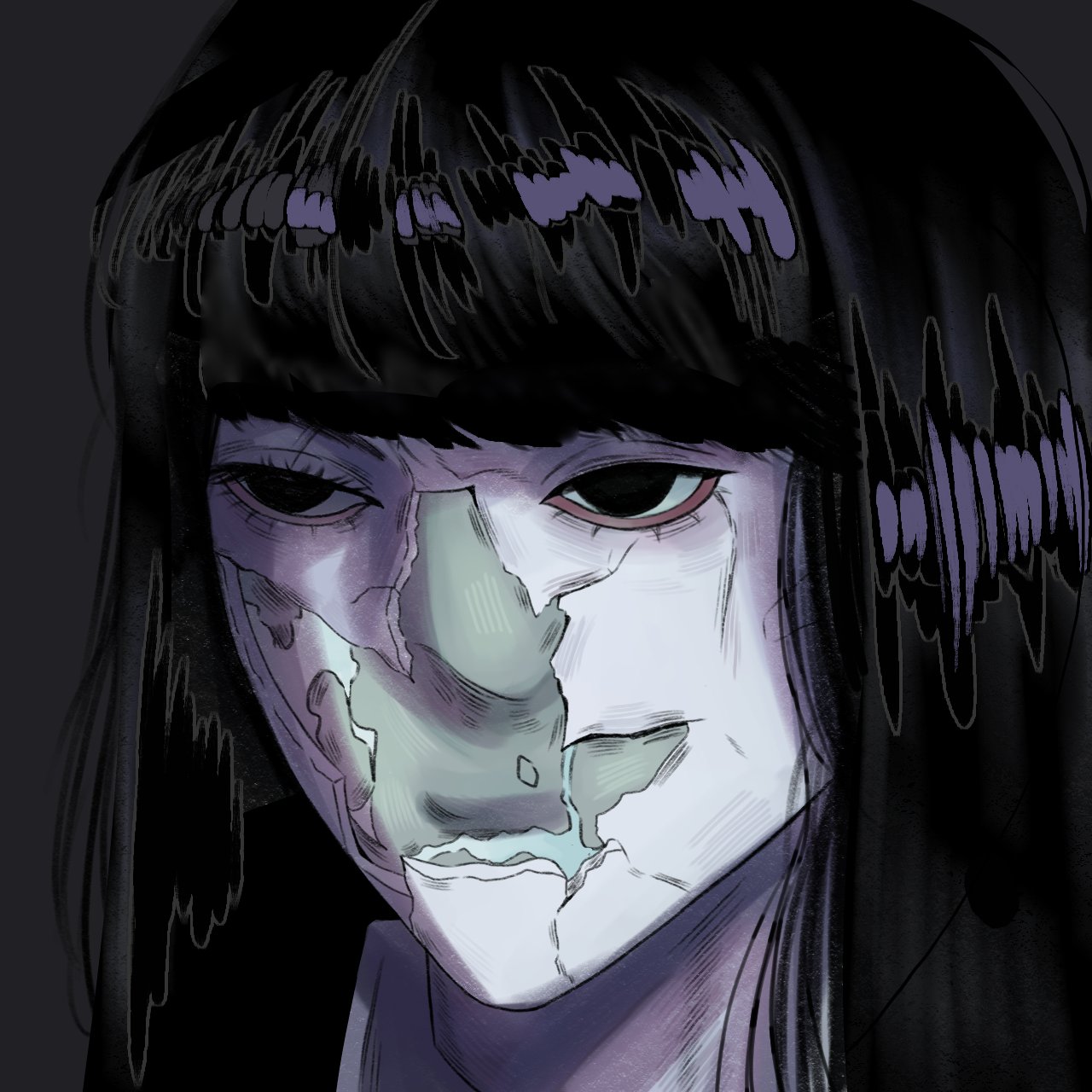 samarie (fear & hunger), fear & hunger (series), fear & hunger 2: termina, madra (album), commentary, derivative work, english commentary, highres, 1girl, album cover redraw, black eyes, black hair, blunt bangs, closed mouth, colored skin, cracked skin, dark background, long hair, maamori san1, portrait, solo, white skin