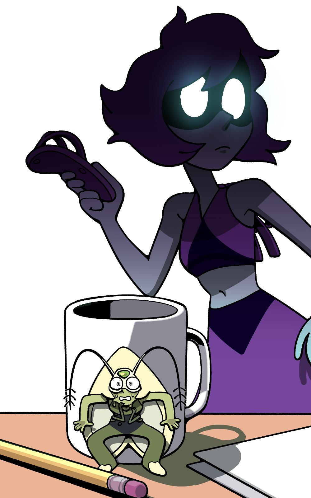 discount-supervillain, lapis lazuli (steven universe), peridot (steven universe), steven universe, highres, 2girls, arthropod girl, breasts, closed mouth, cockroach girl, colored skin, flip-flops, forehead jewel, gem, glowing, glowing eyes, green skin, homeworld gem uniform, homeworld lapis lazuli uniform, lapis lazuli (species) (steven universe), midriff, mini person, minigirl, multiple girls, sandals, shirt, short hair