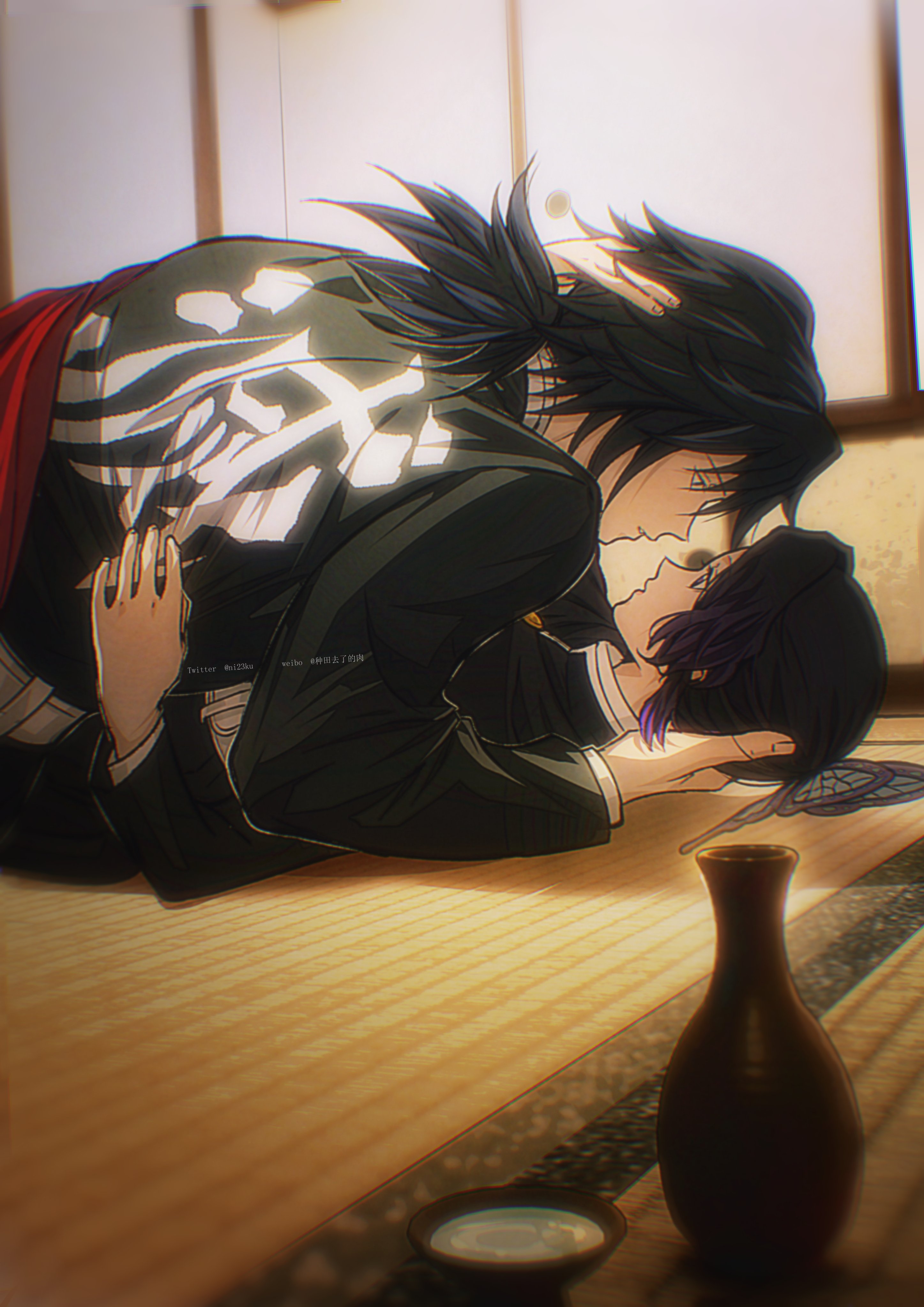 niku (ni23ku), kochou shinobu, tomioka giyuu, kimetsu no yaiba, absurdres, commentary request, highres, 1boy, 1girl, black hair, butterfly hair ornament, clothes writing, couple, demon slayer uniform, face-to-face, hair ornament, hand on another's head, hetero, indoors, japanese clothes, long sleeves, looking at another, low ponytail, lying, on back, ponytail, short hair, twitter username, weibo username, wooden floor