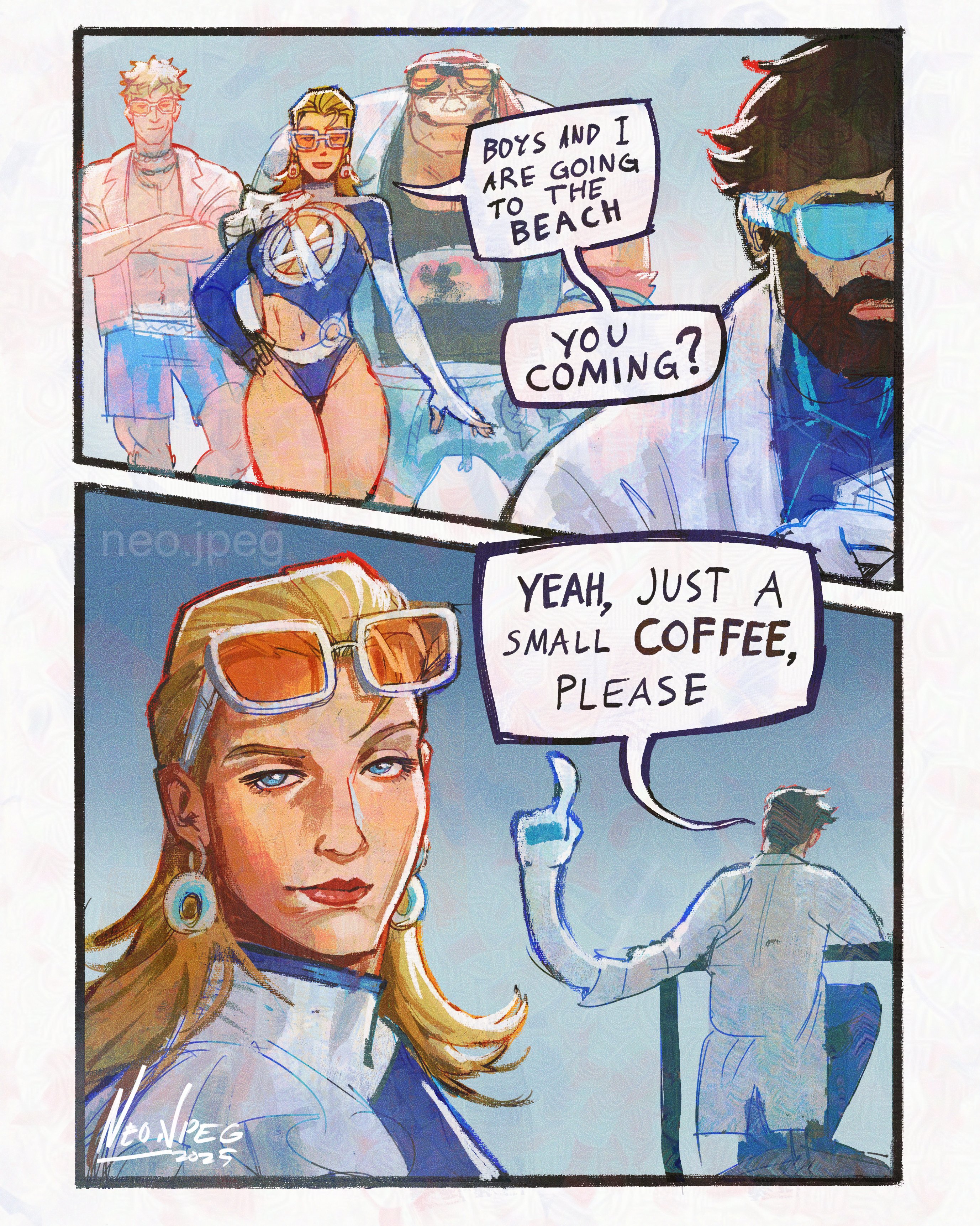 neo jpeg, ben grimm, johnny storm, reed richards, sue storm, fantastic four, marvel, marvel rivals, absurdres, highres, 1girl, 3boys, beard, blonde hair, blue bodysuit, blue eyes, bodysuit, breasts, earrings, facial hair, gloves, jewelry, large breasts, long hair, looking at viewer, multiple boys, superhero costume, two-tone bodysuit, white bodysuit