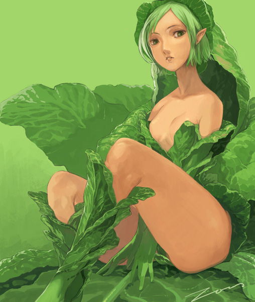 toro (konirio), lettuce-tan, original, 1girl, cabbage, female focus, green eyes, green hair, lettuce, matching hair/eyes, no bra, personification, pointy ears, solo