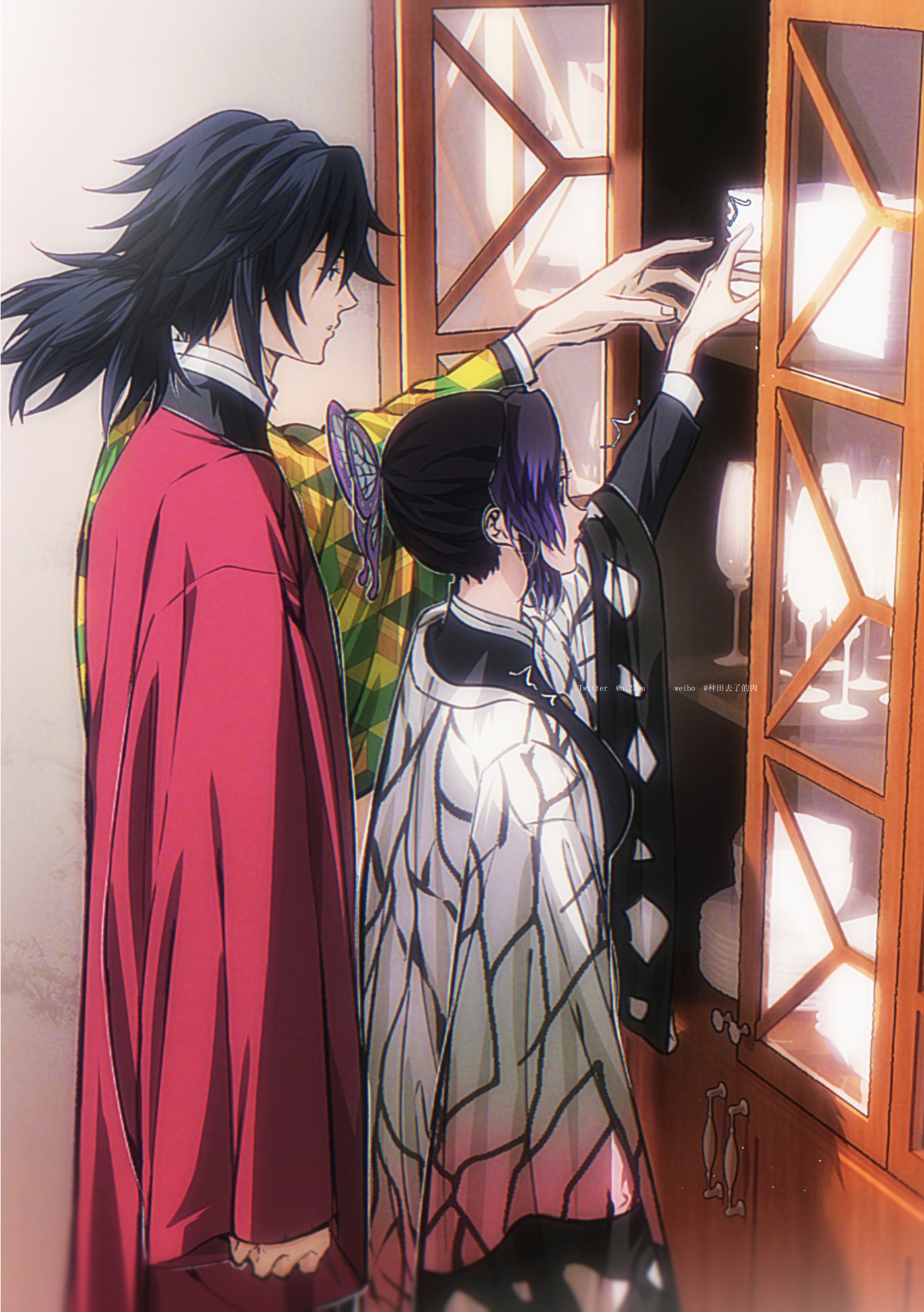 niku (ni23ku), kochou shinobu, tomioka giyuu, kimetsu no yaiba, absurdres, highres, 1boy, 1girl, black hair, butterfly hair ornament, hair ornament, hand up, haori, indoors, japanese clothes, kikkoumon, low ponytail, ponytail, print haori, profile, purple hair, red haori, spiked hair, standing, white haori