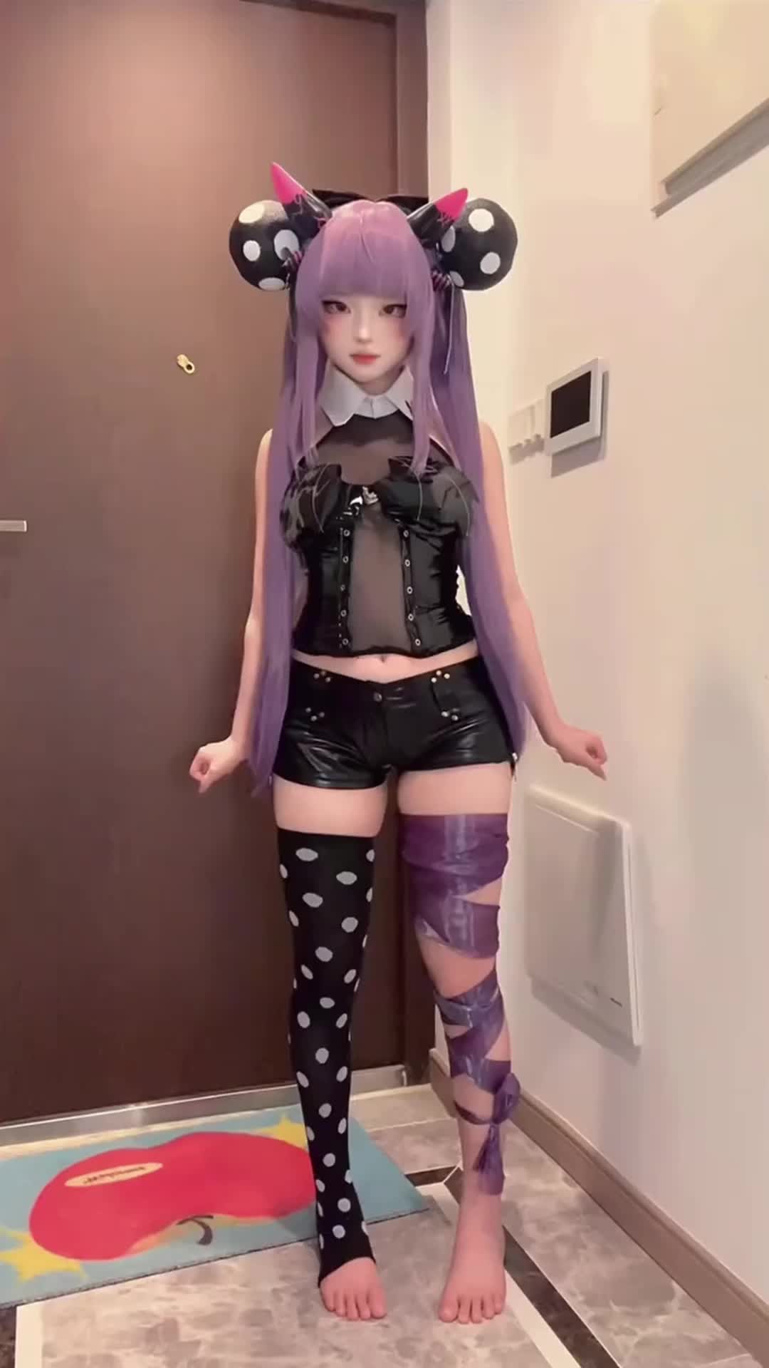 caiyadedouyin, numericgazer, deborah (under the witch), under the witch, animated, audible music, chinese commentary, commentary, highres, sound, tagme, video, 2025, arms at sides, arms up, asymmetrical legwear, ball, bare arms, bat wings, black bonnet, black bow, black cape, black panties, black sleeves, black thighhighs, blunt bangs, bonnet, bow, bow legwear, breasts, cape, capeclothes pull, chinese (nationality), close-up, collar, demon girl, demon tail, detached collar, detached sleeves, feet, female focus, fingernails, fishnet gloves, fishnets, gloves, hair ornament, headgear, licking lips, long fingernails, looking at viewer, multiple views, navel, o-ring, open mouth, panties, pink ribbon, polka dot, prehensile tail, puffy sleeves, purple eyes, revealing clothes, ribbon, ribbon-trimmed legwear, ribbon trim, side-tie panties, small breasts, smile, smug, standing, stirrup legwear, striped clothes, striped panties, tail, thick lips, thighhighs, tiptoes, toeless legwear, toes, tongue, tongue out, underwear, waist cape, white collar, white hair, wings