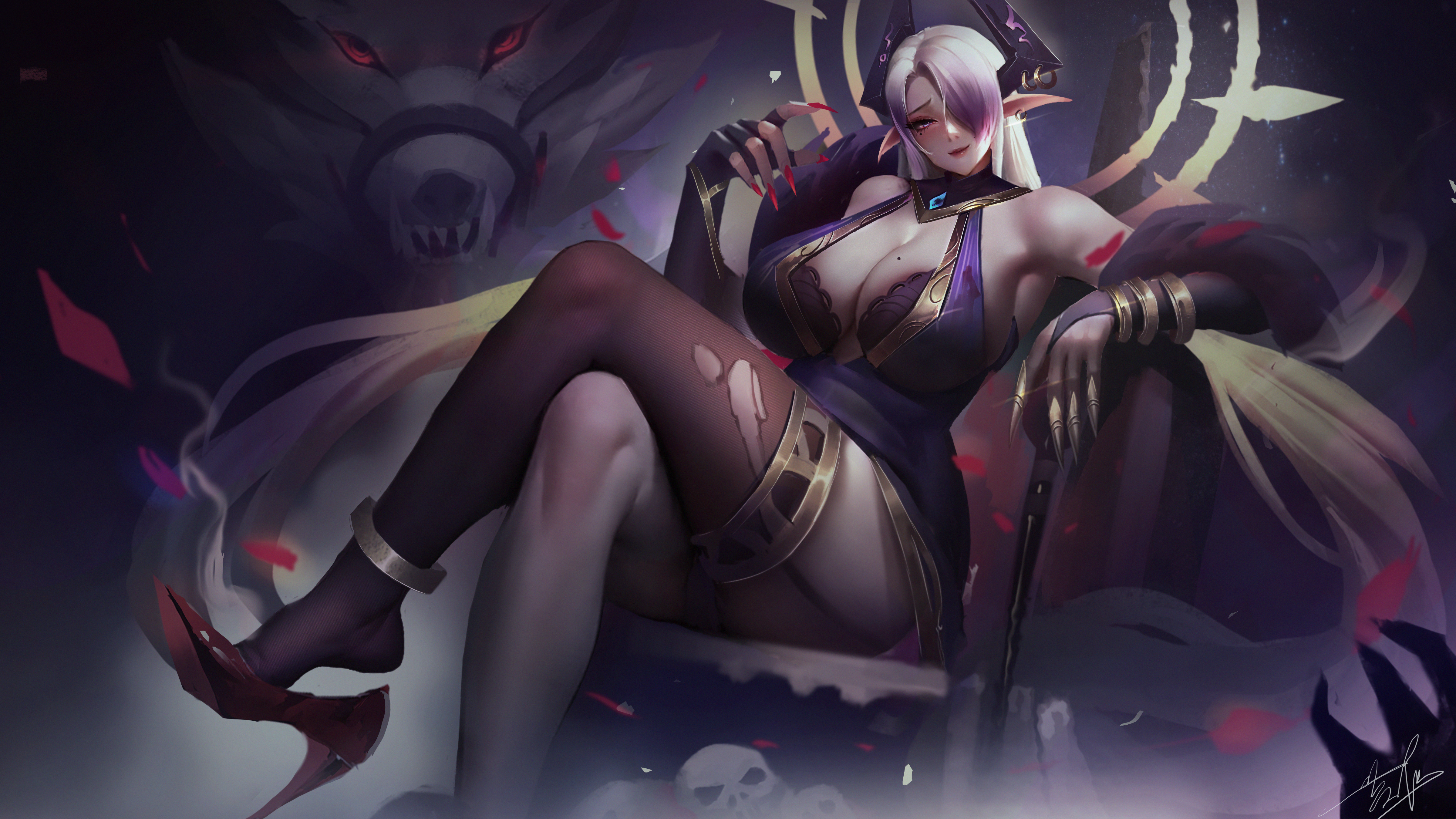 yuezoucanglan, highres, 1girl, anklet, bare shoulders, breasts, cleavage, crossed legs, dress, gloves, hair over one eye, high heels, horns, huge breasts, jewelry, large breasts, long hair, looking at viewer, mole, pointy ears, purple dress, shoe dangle, sitting, skull, solo, thighhighs, throne, torn clothes, torn thighhighs, underwear
