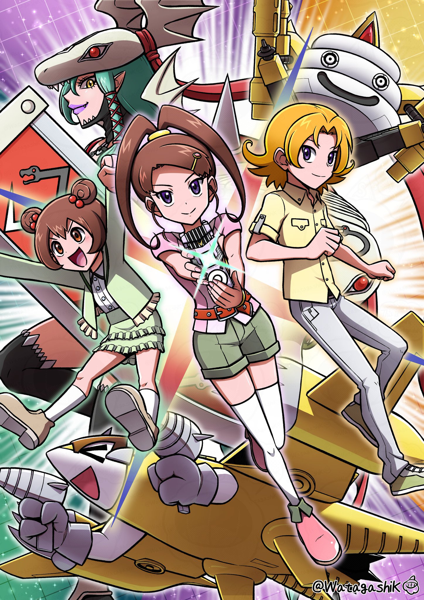 watagashikn, amano kotone, amano nene (digimon xros wars), amano yuu (digimon), damemon, mervamon, sparrowmon, digimon, digimon xros wars, tagme, digimon xros loader