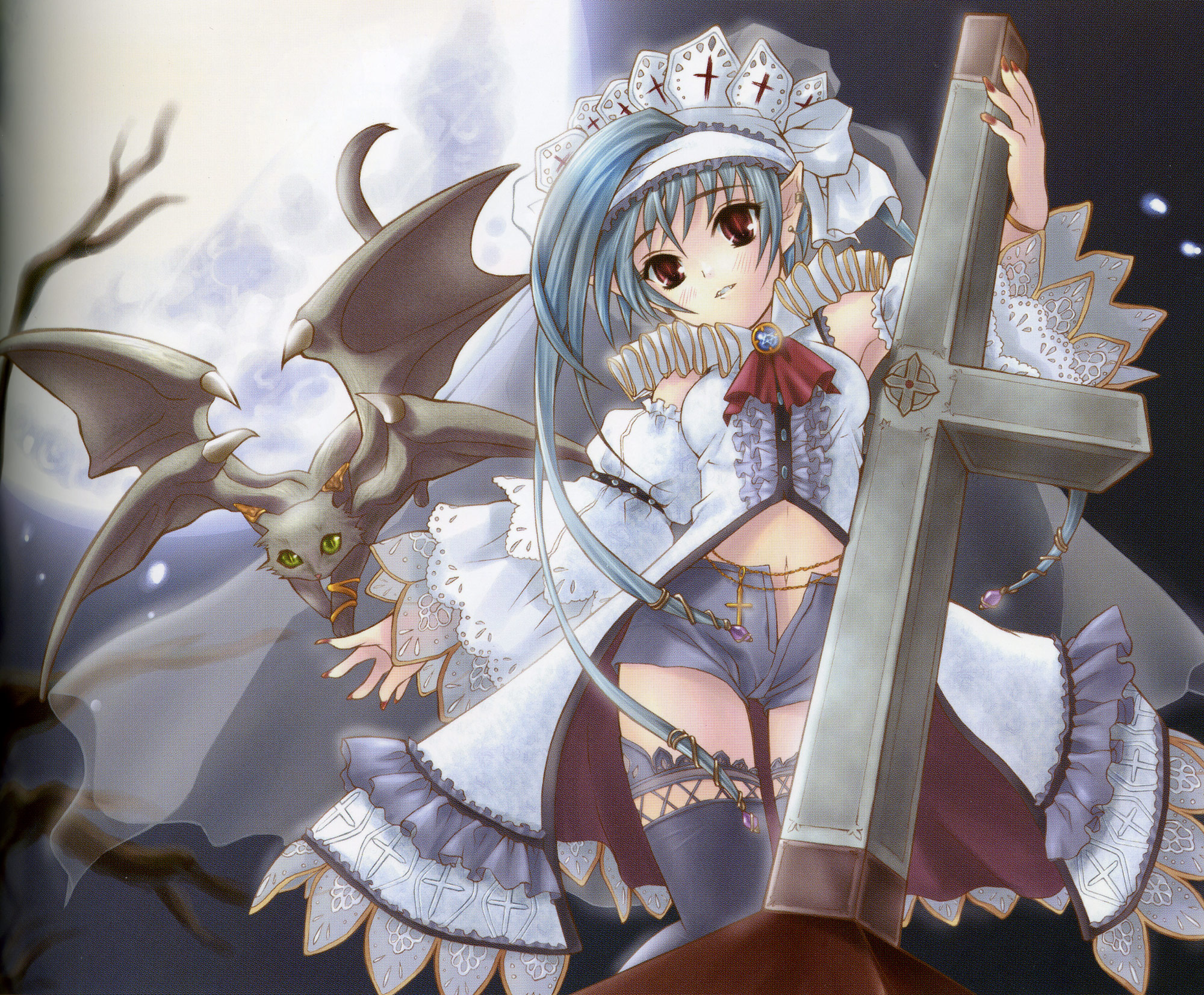 nekou izuru, highres, scan, 1girl, blue hair, cat, cross, detached sleeves, female focus, greek cross, latin cross, midriff, moon, navel, night, open fly, pointy ears, red eyes, solo, thighhighs, unzipped, wings, zettai ryouiki