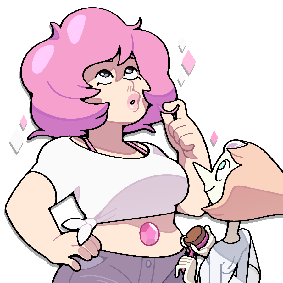 discount-supervillain, pearl (steven universe), pink diamond (steven universe), rose quartz universe, steven universe, bra strap, cropped shirt, hair brush, lips, midriff, pearl (species) (steven universe), plump, rose quartz (species) (steven universe), self cosplay, shirt, short hair, smile, stomach jewel, white shirt