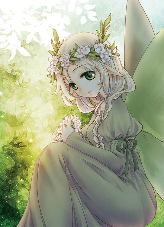 mavka, comiket 90, ragnarok online, commentary request, 1girl, aries end, blonde hair, braid, closed mouth, dress, feet out of frame, green background, green dress, green eyes, green ribbon, head wreath, long hair, looking at viewer, pointy ears, ribbon, side braid, single braid, sleeve ribbon, smile, solo