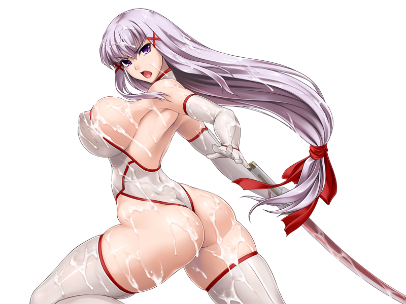 rindou (radical dream), enjou sakuya, original, game cg, non-web source, variant set, 1girl, ass, bare shoulders, breasts, bukkake, covered erect nipples, cum, cum on ass, cum on body, cum on breasts, cum on clothes, cum on hair, cum on upper body, elbow gloves, facial, fighting stance, gloves, grey hair, hair ornament, hair ribbon, highleg, highleg leotard, holding, holding sword, holding weapon, huge breasts, katana, leotard, long hair, looking at viewer, looking back, low-tied long hair, matai toshi, one-piece thong, open mouth, purple eyes, ribbon, shiny skin, sideboob, skin tight, solo, sword, thick thighs, thighhighs, thighs, thong, thong leotard, transparent background, v-shaped eyebrows, very long hair, weapon, white gloves, white leotard, white thighhighs, x hair ornament