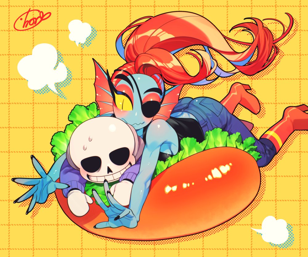 nndm urushi, sans (undertale), undyne, undertale, utdr (toby fox), 1boy, 1girl, black nails, black shirt, blue pants, blue skin, blush, boots, colored sclera, colored skin, eyepatch, fish girl, girl on top, grid background, hot dog bun, lettuce, long hair, pants, ponytail, red boots, red hair, shirt, skeleton, sweat, teeth, yellow background, yellow sclera